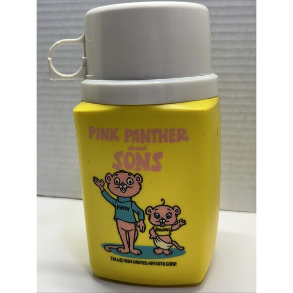 Vintage Pink Panther And Sons Yellow Thermos Screw On Cap, Lid/Cup & Bottle 8oz - Picture 1 of 7